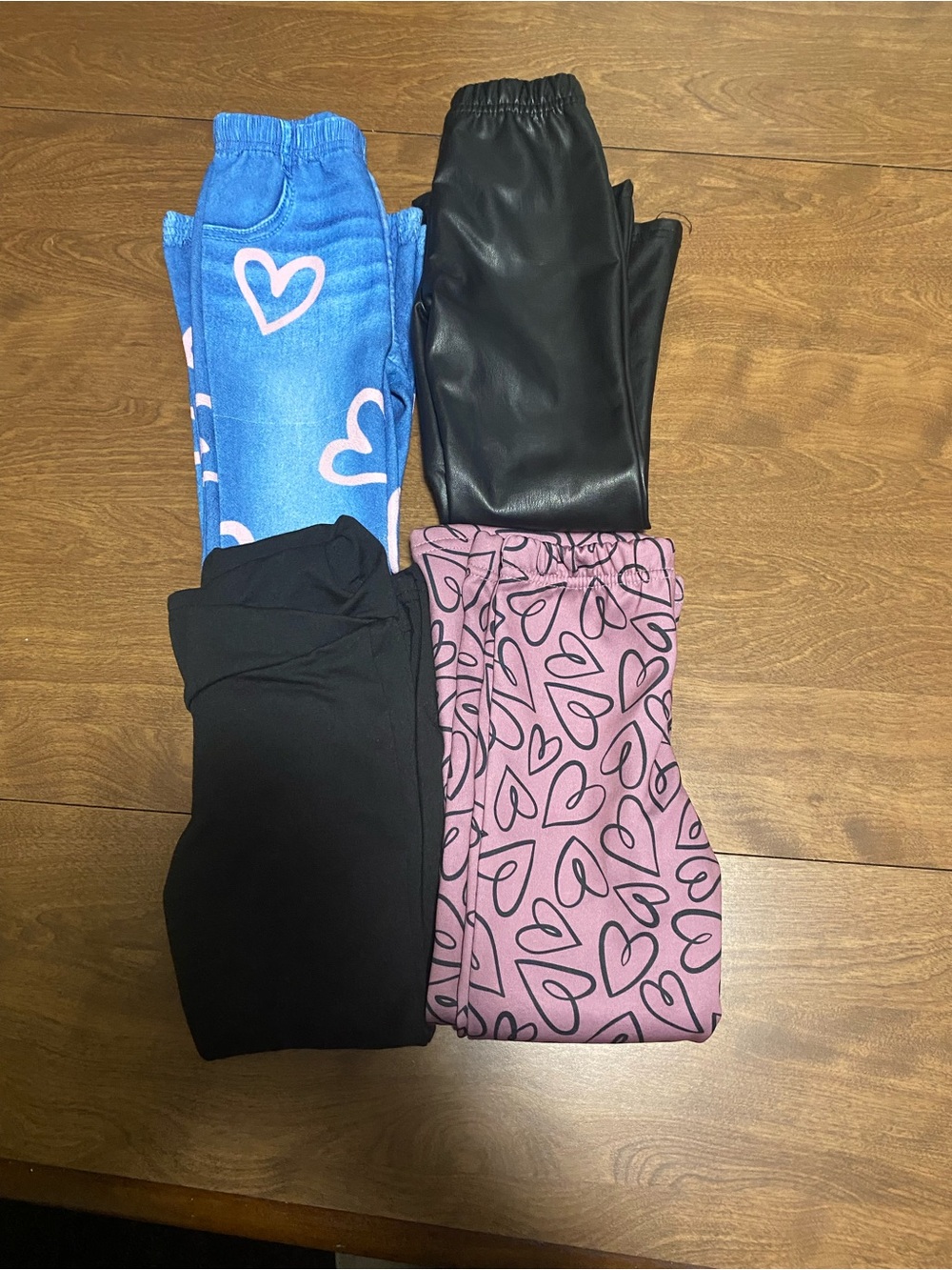 Bundle of 4 Girls' Leggings - Blue Heart, Pink Heart, Black, Faux Leather 4T